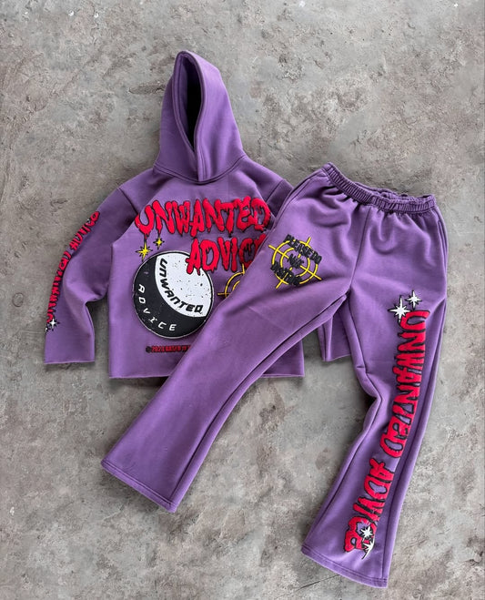 Flared Sweats + Cropped Hoodie Tracksuit (Purple)