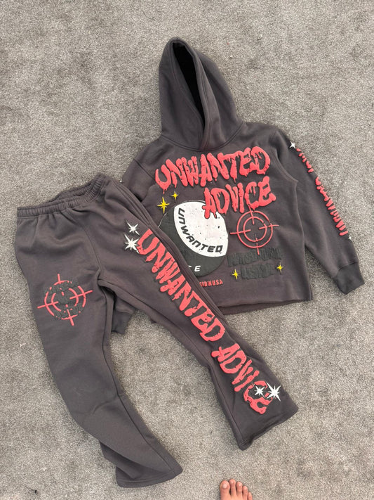 Flared Sweats + Cropped Hoodie Tracksuit (Grey + Red)