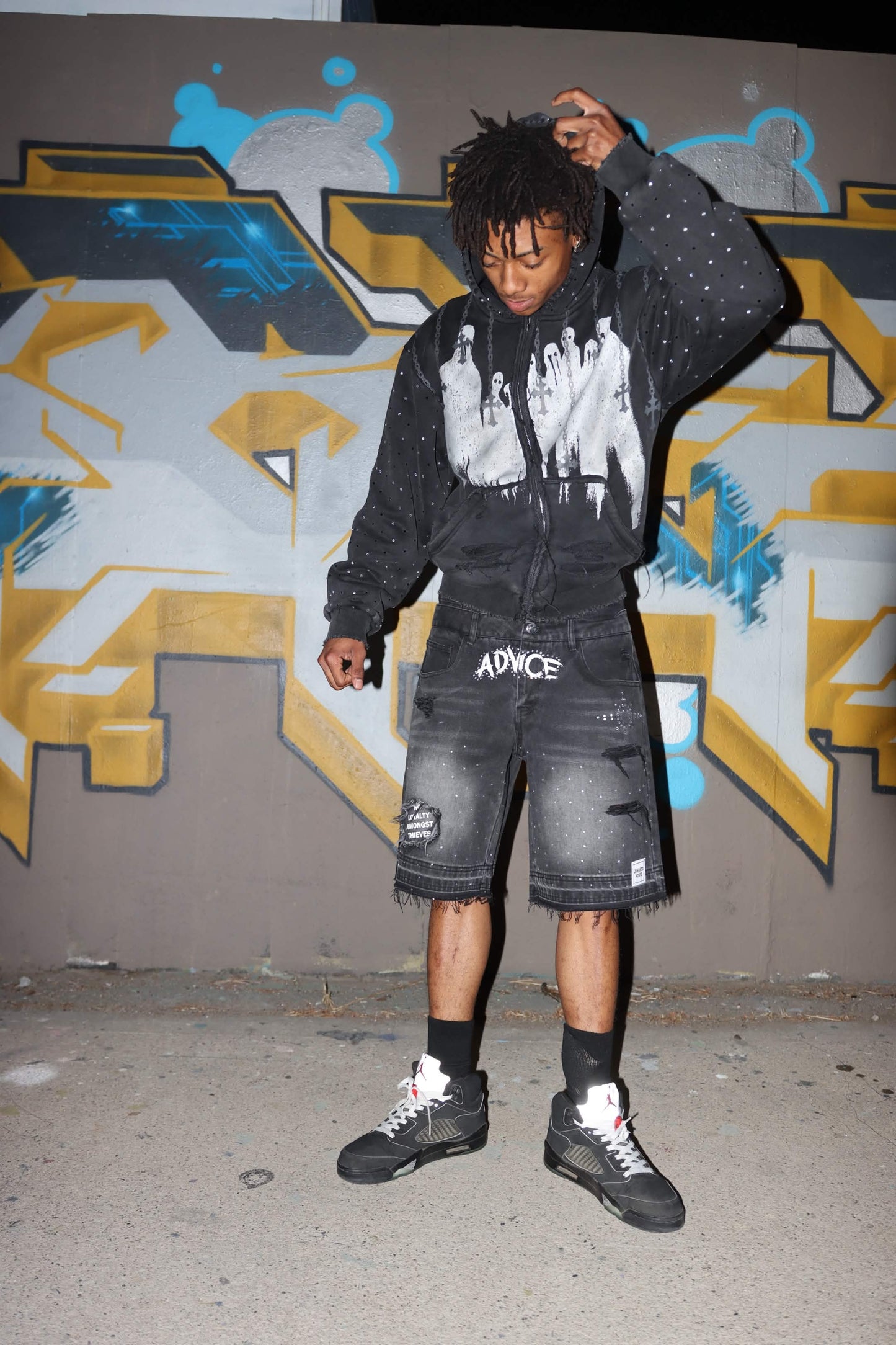 Rhinestone + Denim Distressed Windy Zip Up Jacket