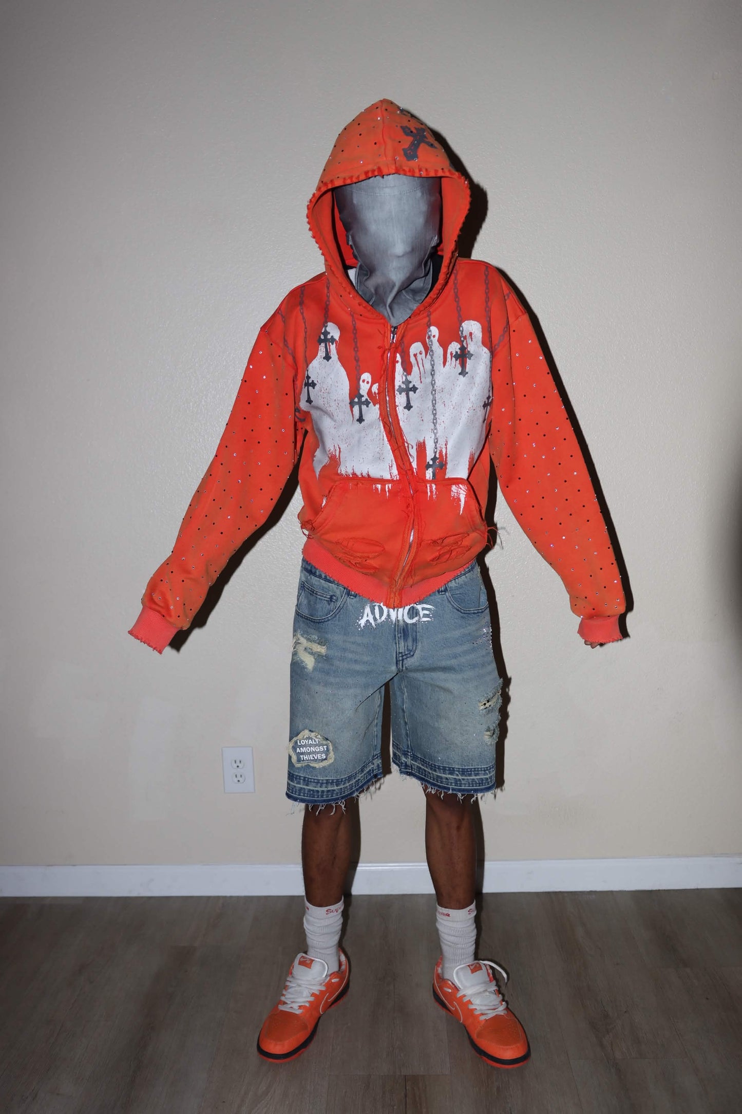 Rhinestone + Denim Distressed Windy Zip Up Jacket