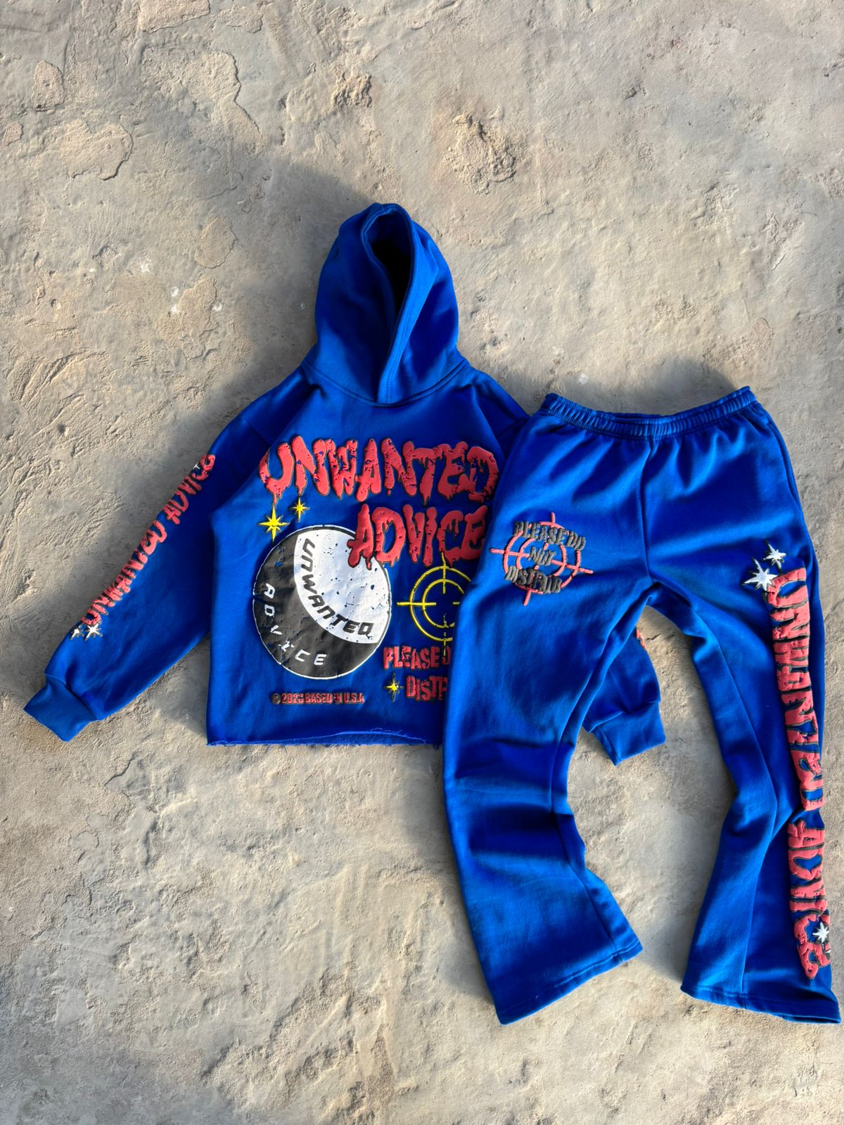 Flared Sweats + Cropped Hoodie Tracksuit (Blue/Red)